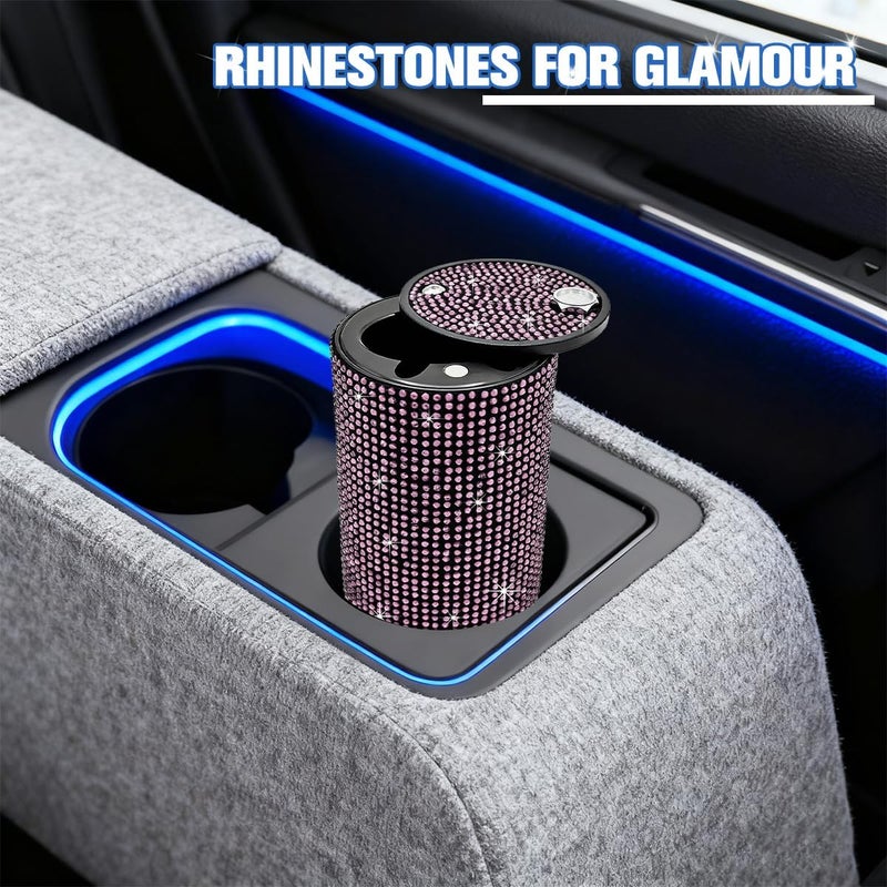 FALVFUN Bling Car Ashtray, Rhinestones Smokeless Smell Proof Vehicle Cup Holder Ash Tray with Lid, Sparkling Diamond Portable Automotive Interior Ashtray, Universal for SUV RV Truck (Pink) - Image 5